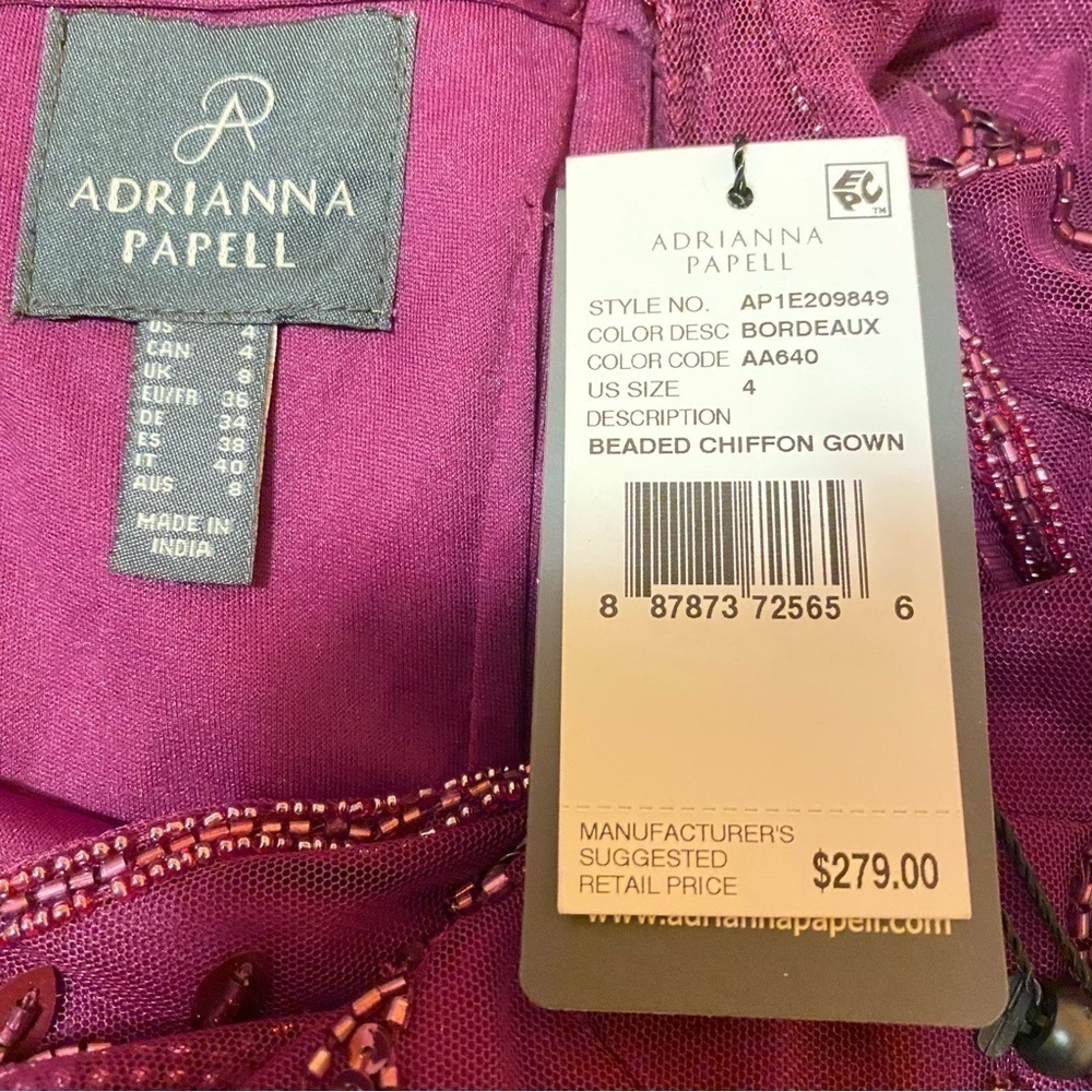 ADRIANNA PAPELL Illusion V-neck Long Sleeve Beaded Chiffon Gown in Bordeaux Sz 4 - Picture 6 of 6